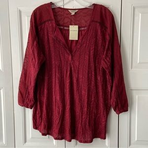 NWT Lucky Brand, 3/4 sleeve Henley Blouse, sheer and lace detail, Size XL